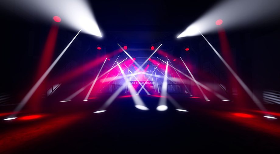 A dark stage illuminated by intersecting beams of red and white light, creating a dynamic, vibrant atmosphere. The coloured lights form a criss-cross pattern that enhances the atmosphere of the environment.