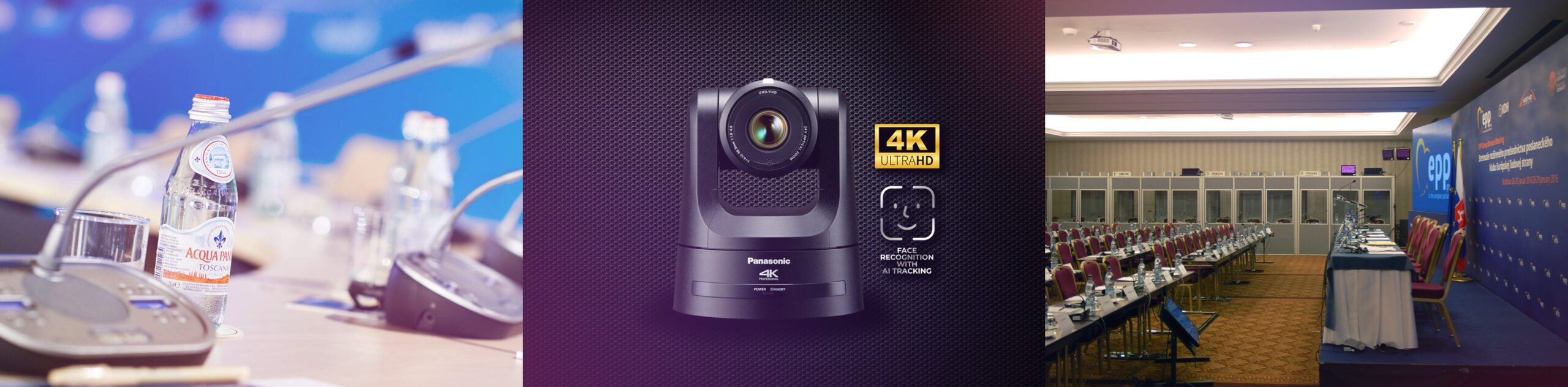 Konferenz mit 4K-Kamera und Mikrofonen auf dem Tisch.