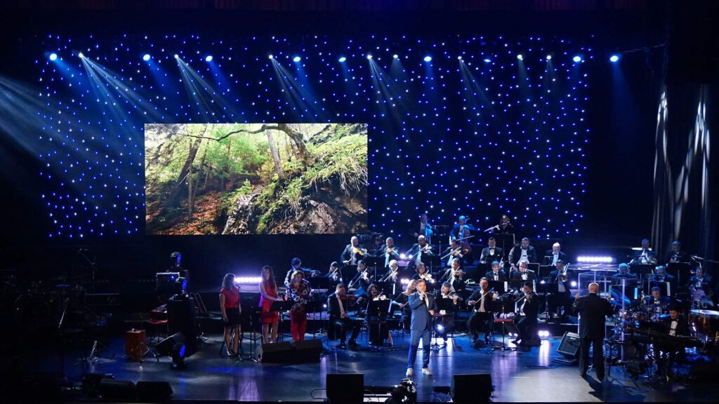 Konzertsaal mit Live-Orchesterbühne.