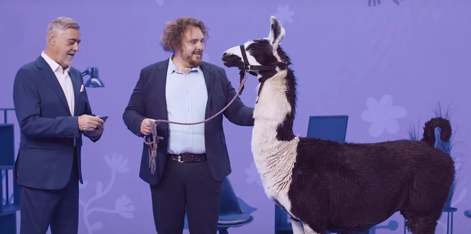 Dvaja muži s lamou na modrom pozadí.