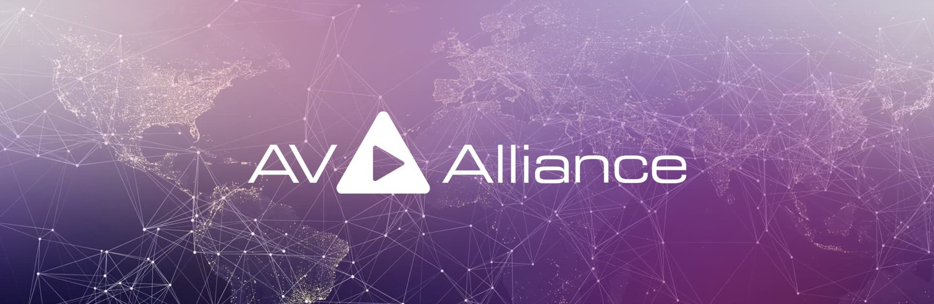 AV Alliance-Logo mit einem dreieckigen Spielsymbol zwischen den Buchstaben „AV“ und dem Wort „Alliance“ auf violettem Hintergrund mit einer Weltkarte und miteinander verbundenen Punkten, die das globale Netzwerk symbolisieren.