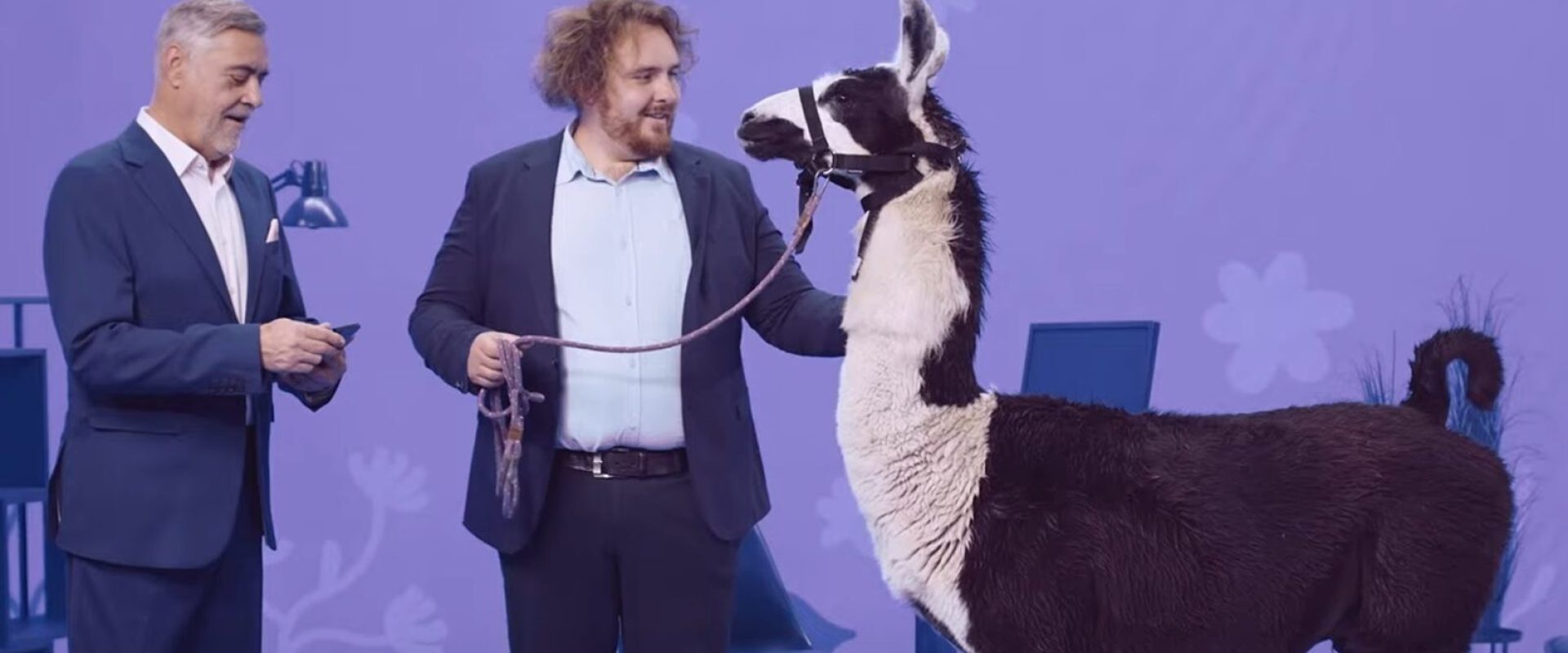 Dvaja muži s lamou na modrom pozadí.