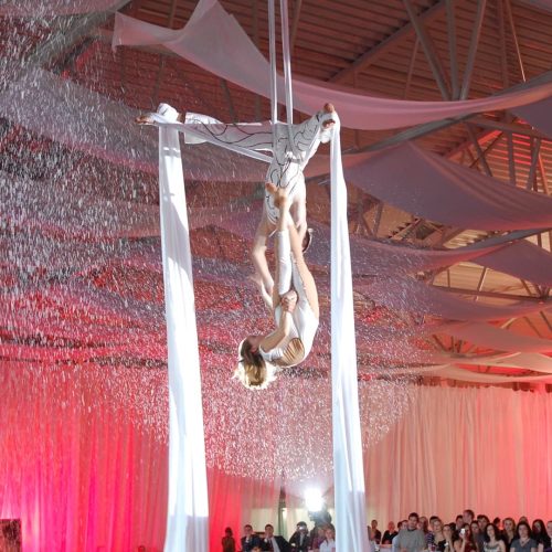 Akrobatische Leistung auf weißen Bändern in der Luft