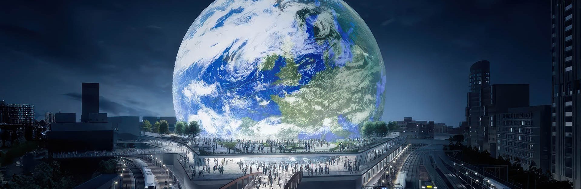 Riesige Erde hängt nachts über der Stadt